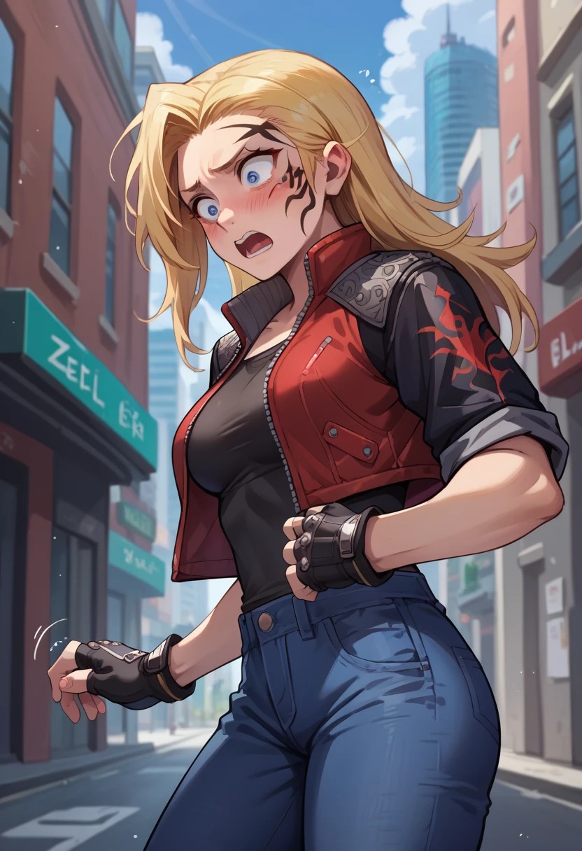 score_9, score_8_up, score_7_up, 1girl, solo, zell, medium breasts, solo, blue eyes, gloves, jacket, blonde hair,  long hair, tattoo, gloves, facial tattoo, red jacket, black jacket, two-colours jacket, black shirt, fingerless gloves, denim, standing, stiff hands, shocked face, blushing, nervous, shaking, open mouth, hands on breasts, looking down, city,