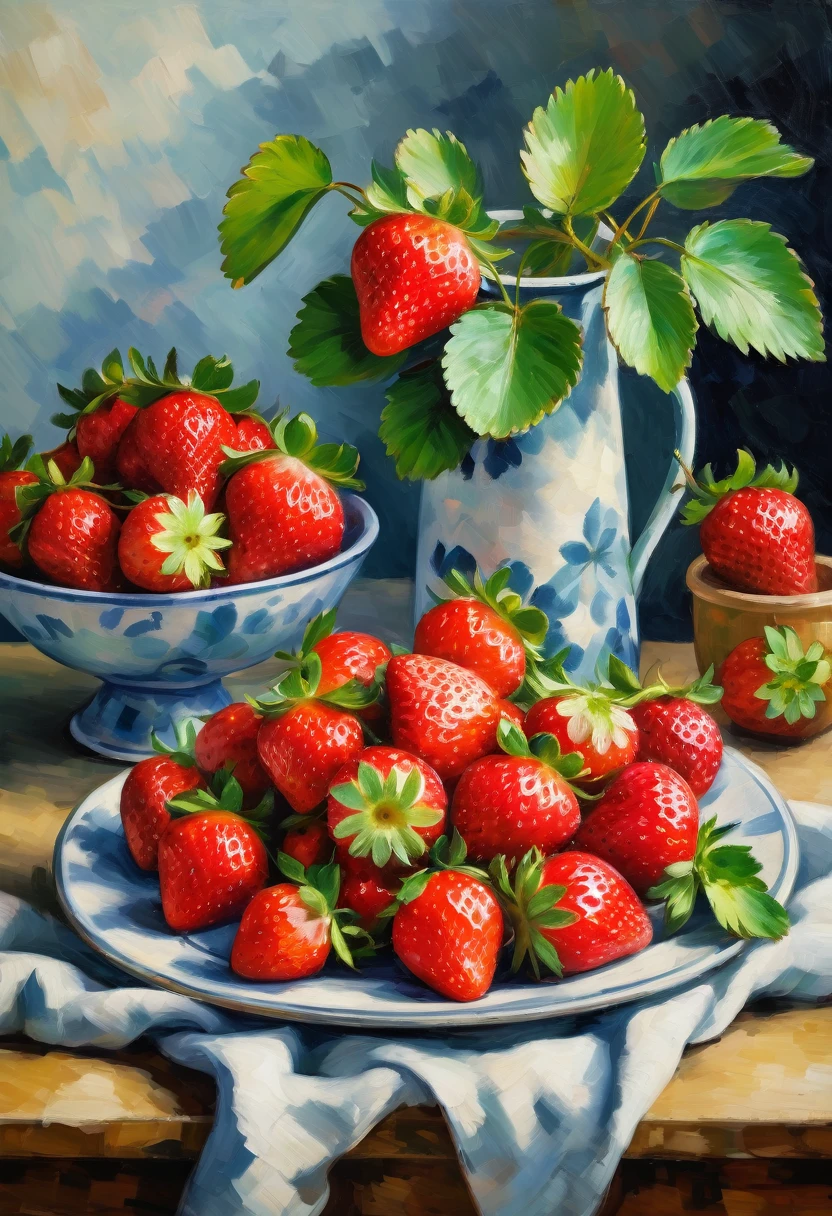 (8k, Highest quality, masterpiece)，{Realistic, RAW Photos, Super Fine Clear, Impressionist painting, Close-up, (Impressionist paintingの影響を受けた, A style influenced by Cezanne, Still life, １Strawberries:1.4)}, Simple Background, peacefulness, Solemn