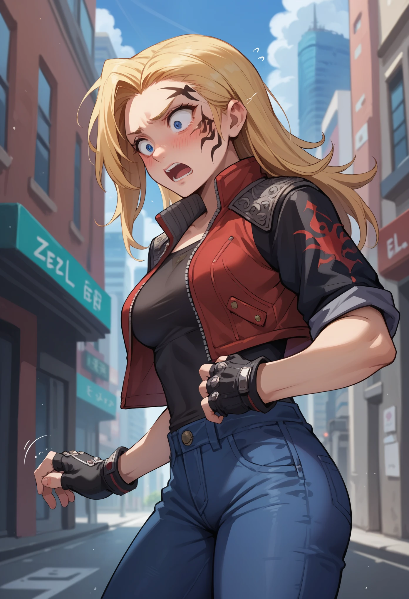 score_9, score_8_up, score_7_up, 1girl, solo, zell, medium breasts, solo, blue eyes, gloves, jacket, blonde hair,  long hair, tattoo, gloves, facial tattoo, red jacket, black jacket, two-colours jacket, black shirt, fingerless gloves, denim, standing, stiff hands, shocked face, blushing, nervous, shaking, open mouth, hands on breasts, looking down, city,