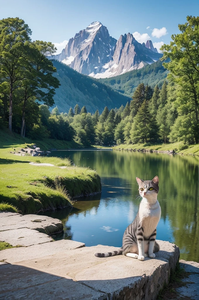 ((top-quality、​masterpiece、photographrealistic:1.4、in 8K))、Cats、(Mountains and lakes in the background)、detailed pussy、Delicate and beautiful cat、Beautiful Landscapes