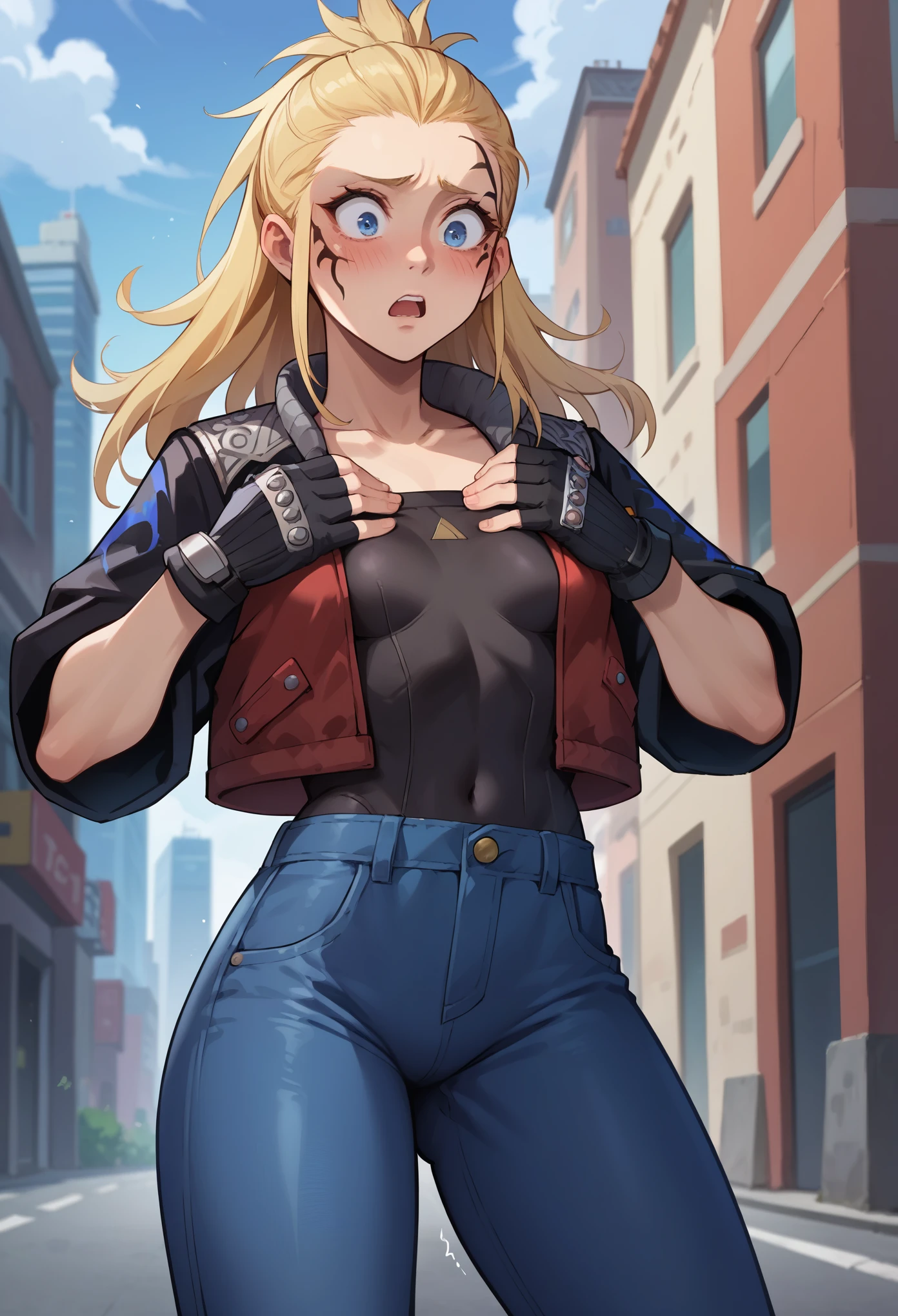 score_9, score_8_up, score_7_up, 1girl, solo, zell, (small breasts), slender body, solo, blue eyes, gloves, jacket, blonde hair,  long hair, tattoo, gloves, facial tattoo, red jacket, black jacket, two-colours jacket, black shirt, fingerless gloves, denim, standing, stiff hands, shocked face, blushing, nervous, shaking, open mouth, hands on breasts, looking down, city,