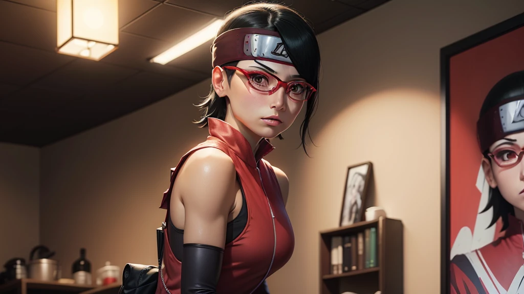 (high resolution,work of art:1.2),ultra detali,realisitic,proffesional,beautiful detailed eyes,beautiful detailed lips,dark hair,short black hair,red glasses,very big tits,stunning black eyes,clean skin, de 18 anos,trendy short hairstyle,vibrant red glasses,Academia Shinobi,fierce determination,confident stance,crimson outfit,intense gaze,Background full of ninjutsu techniques,shadows skillfully accentuating your features,subtle studio lighting,sublime realism,striking color tones