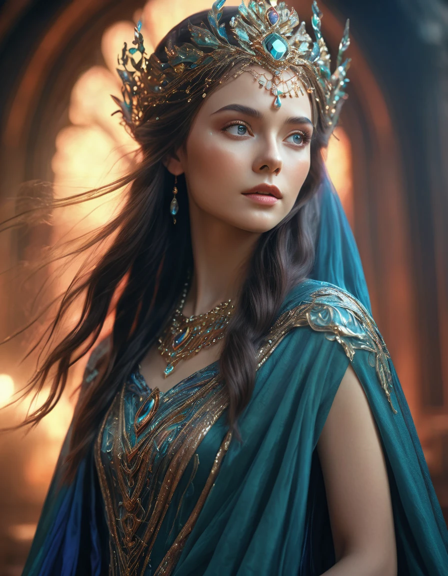 mystical female protagonist, intricate fantasy dress, glowing ethereal aura, detailed ornate headpiece, sweeping dramatic cape, enchanting eyes, porcelain skin, flowing hair, serene expression, dark moody lighting, cinematic dramatic atmosphere, vibrant jewel-toned colors, creative whimsical concept art, (best quality,4k,8k,highres,masterpiece:1.2),ultra-detailed,(realistic,photorealistic,photo-realistic:1.37)