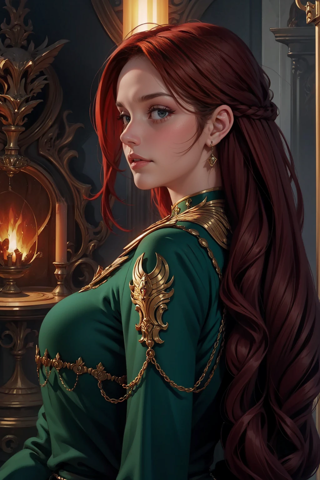 {-erro_de_anatomia:1.0} woman 40 years old, victorian era, queen clothes, (green dress), dark castle, a woman (alicent hightower), meddium dark red hair (dark red hair), (brown eyes) . Indifferent look , merciless. among the dragons, dinamic poses, egoist smile, upper body, backwards, looking back