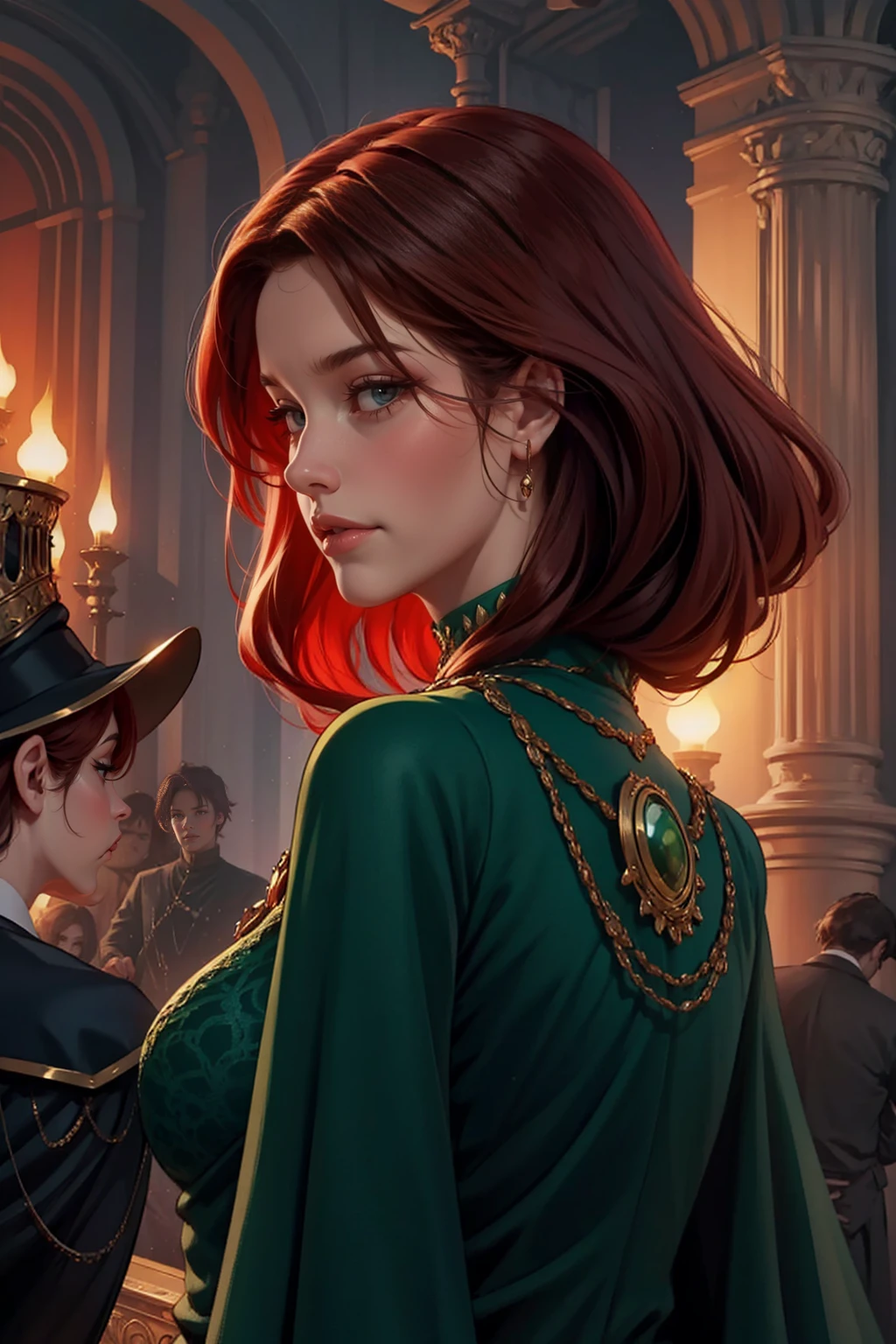 {-erro_de_anatomia:1.0} woman 40 years old, victorian era, queen clothes, (green dress), dark castle, a woman (alicent hightower), meddium dark red hair (dark red hair), (brown eyes) . Indifferent look , merciless. among the dragons, dinamic poses, egoist smile, upper body, backwards, looking back