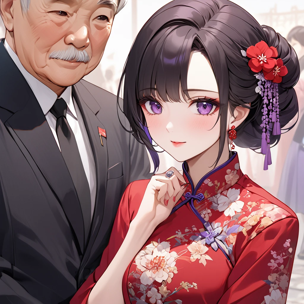 ((Highest quality)), ((masterpiece)), (detailed), （Perfect Face）、The woman is a Chinese woman named Kocho Shinobu.。, Purple gradient bob black hair and formal evening hairstyles. She is wearing an engagement ring. She is a prominent member of the Chinese Communist Party.、She is the wife of a great old Communist Party official.。.、A woman is wearing a gorgeous red wedding dress、She had a loving wedding with a dignified elderly Communist Party official.。