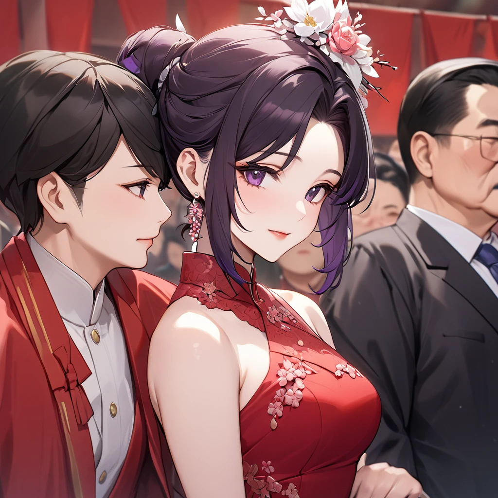 ((Highest quality)), ((masterpiece)), (detailed), （Perfect Face）、The woman is a Chinese woman named Kocho Shinobu.。, Purple gradient bob black hair and formal evening hairstyles. She is wearing an engagement ring. She is a prominent member of the Chinese Communist Party.、She is the wife of a great old Communist Party official.。.、A woman is wearing a gorgeous red wedding dress、She had a loving wedding with a dignified elderly Communist Party official.。