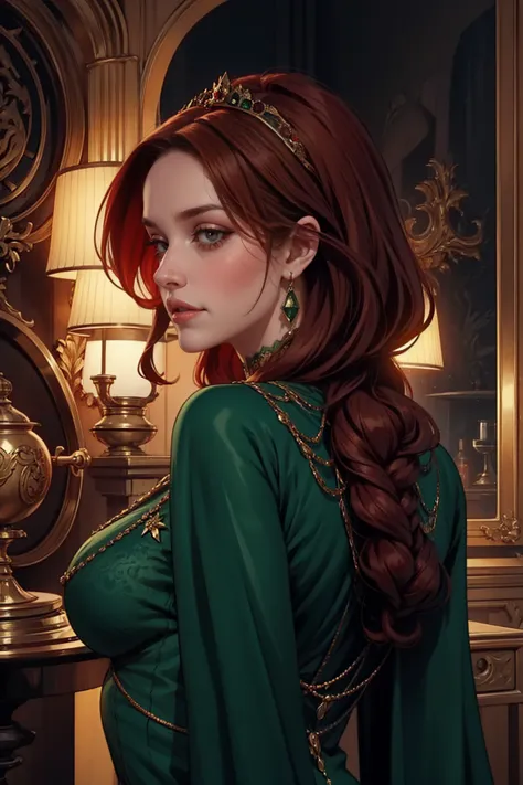 {-erro_de_anatomia:1.0} woman 40 years old, victorian era, queen clothes, (green dress), dark castle, a woman (alicent hightower...