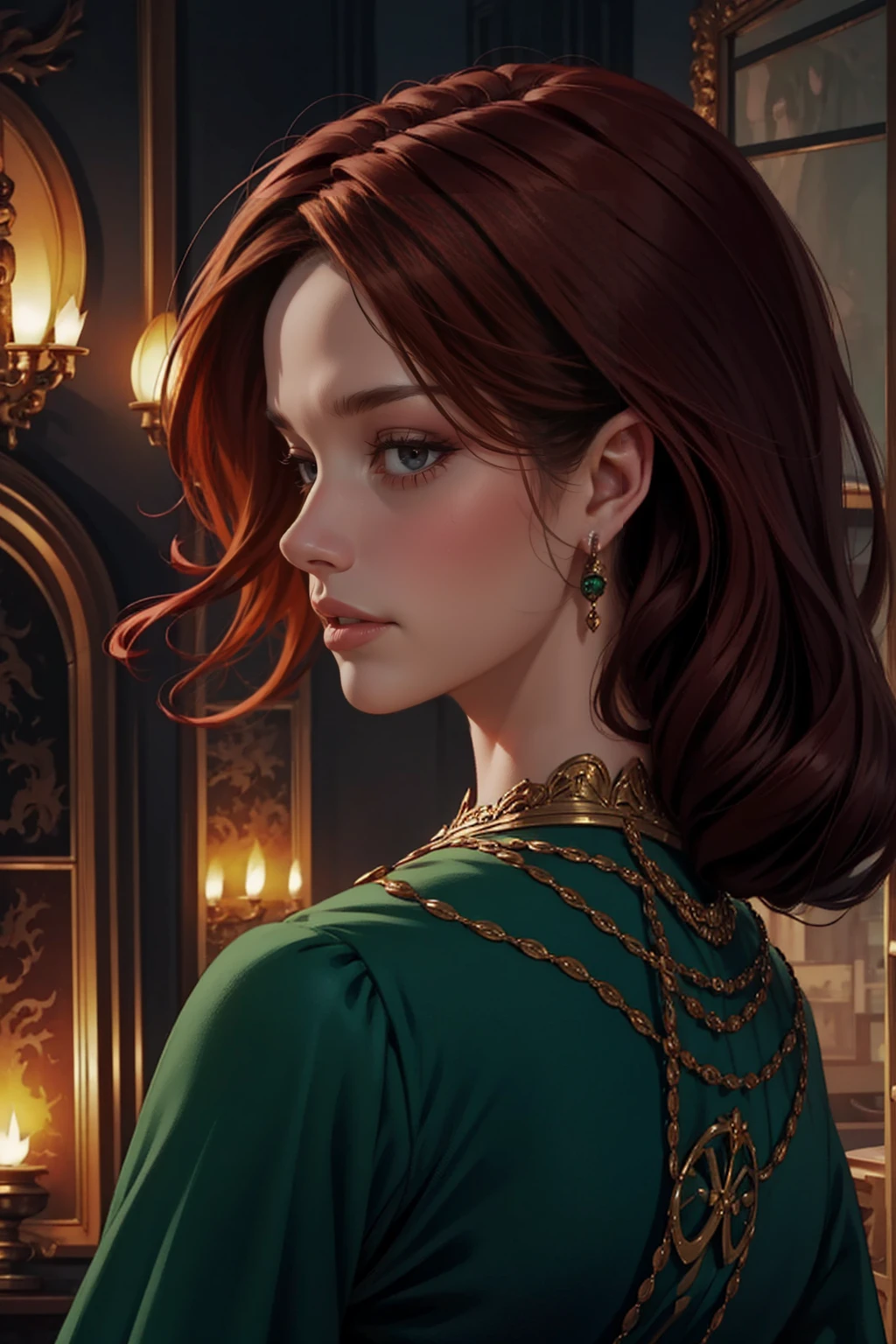 {-erro_de_anatomia:1.0} woman 40 years old, victorian era, queen clothes, (green dress), dark castle, a woman (alicent hightower), meddium dark red hair (dark red hair), (brown eyes) . Indifferent look , merciless. among the dragons, dinamic poses, egoist smile, upper body, backwards, looking back