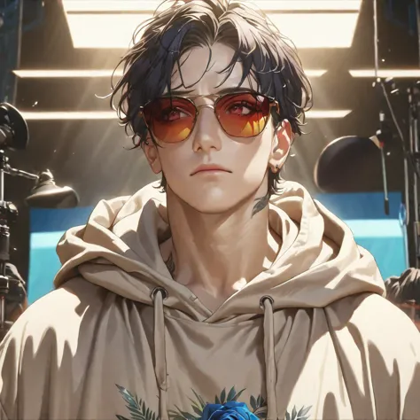 a handsome man with braided black hair and red eyes, wearing an oversized hoodie, sunglasses and casual clothes, with a blue ros...