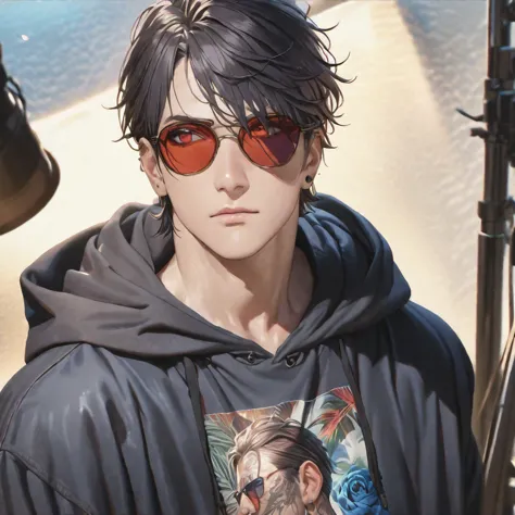 a handsome man with braided black hair and red eyes, wearing an oversized hoodie, sunglasses and casual clothes, with a blue ros...