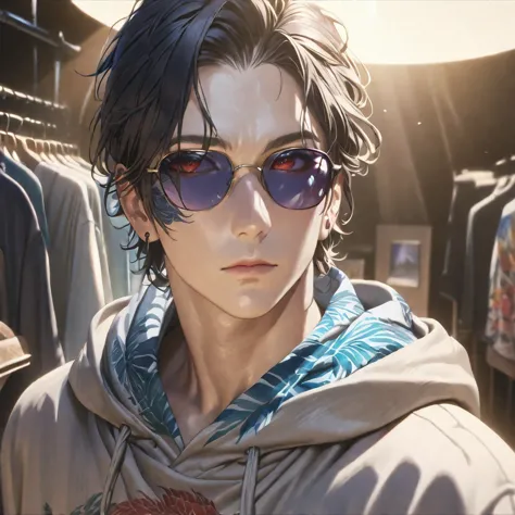 a handsome man with braided black hair and red eyes, wearing an oversized hoodie, sunglasses and casual clothes, with a blue ros...