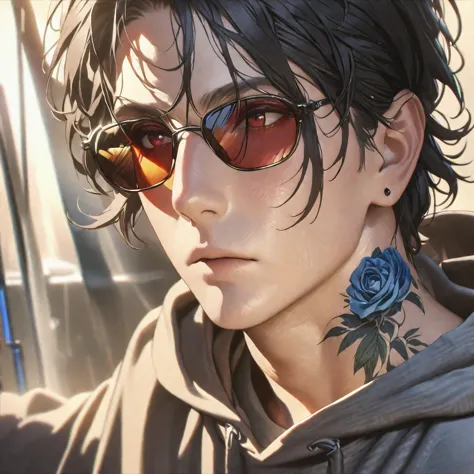 a handsome man with braided black hair and red eyes, wearing an oversized hoodie, sunglasses and casual clothes, with a blue ros...