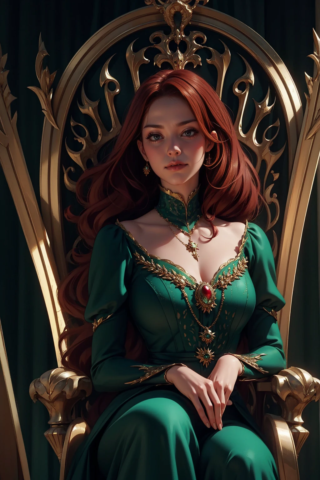 {-erro_de_anatomia:1.0} woman 40 years old, victorian era, queen clothes, (green dress), dark castle, a woman (alicent hightower), meddium dark red hair (dark red hair), (brown eyes) . Indifferent look , merciless. among the dragons, dinamic poses, egoist smile, upper body, sitting in the iron throne