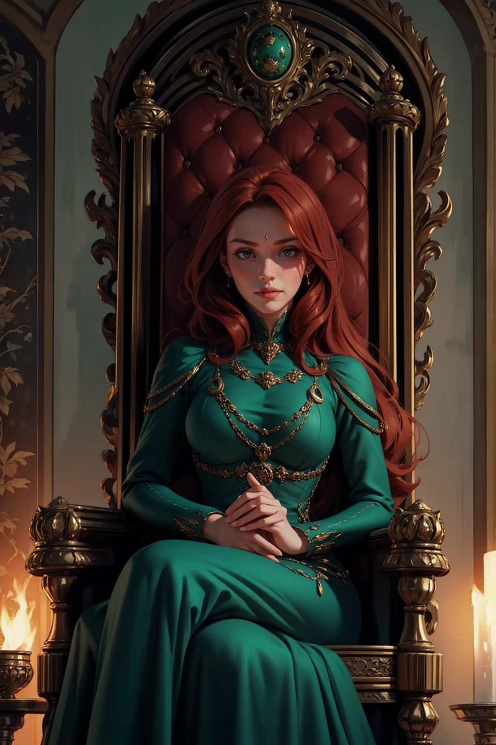 {-erro_de_anatomia:1.0} woman 40 years old, victorian era, queen clothes, (green dress), dark castle, a woman (alicent hightower), meddium dark red hair (dark red hair), (brown eyes) . Indifferent look , merciless. among the dragons, dinamic poses, egoist smile, upper body, sitting in the iron throne