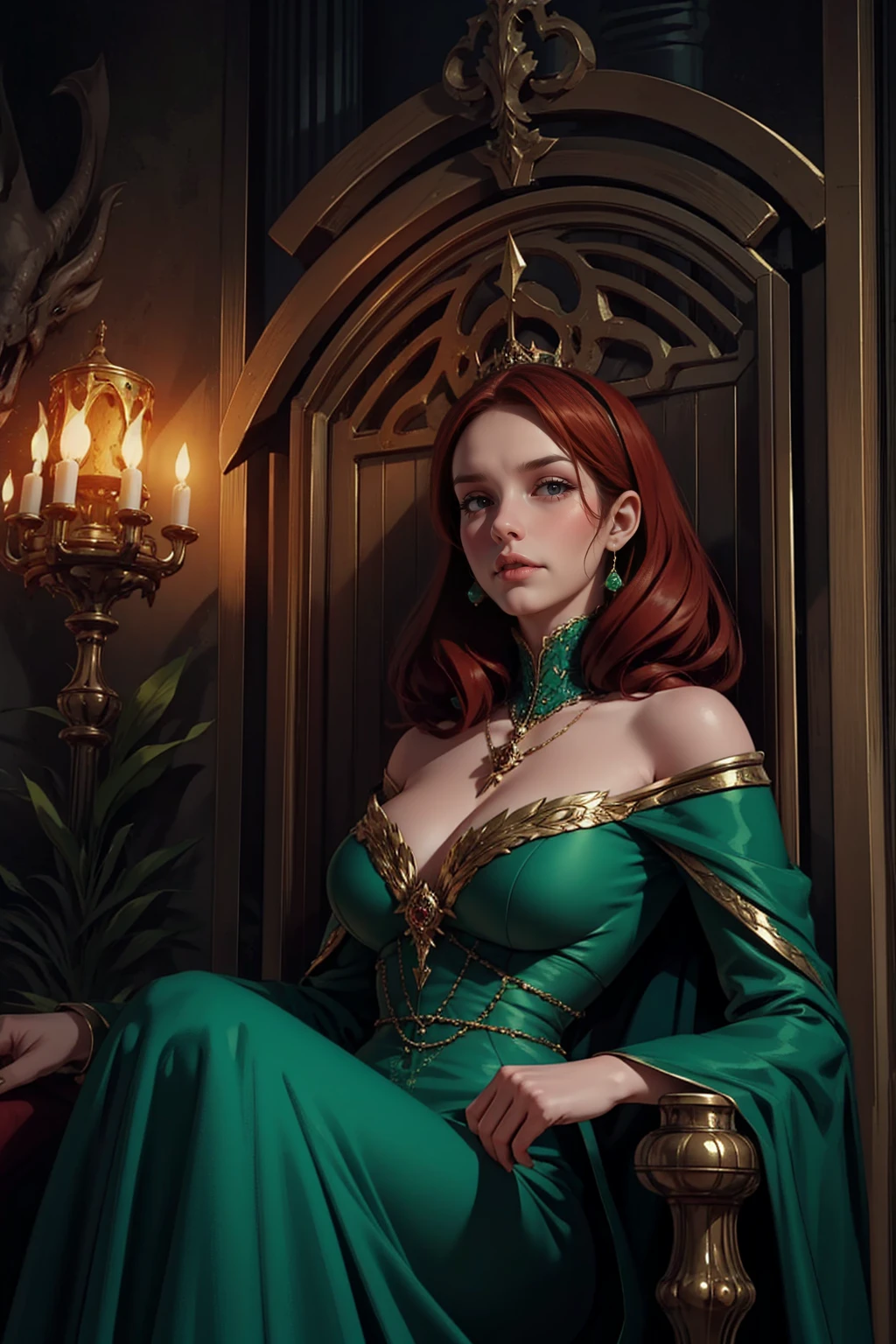 {-erro_de_anatomia:1.0} woman 40 years old, victorian era, queen clothes, (green dress), dark castle, a woman (alicent hightower), meddium dark red hair (dark red hair), (brown eyes) . Indifferent look , merciless. among the dragons, dinamic poses, egoist smile, upper body, sitting in the iron throne