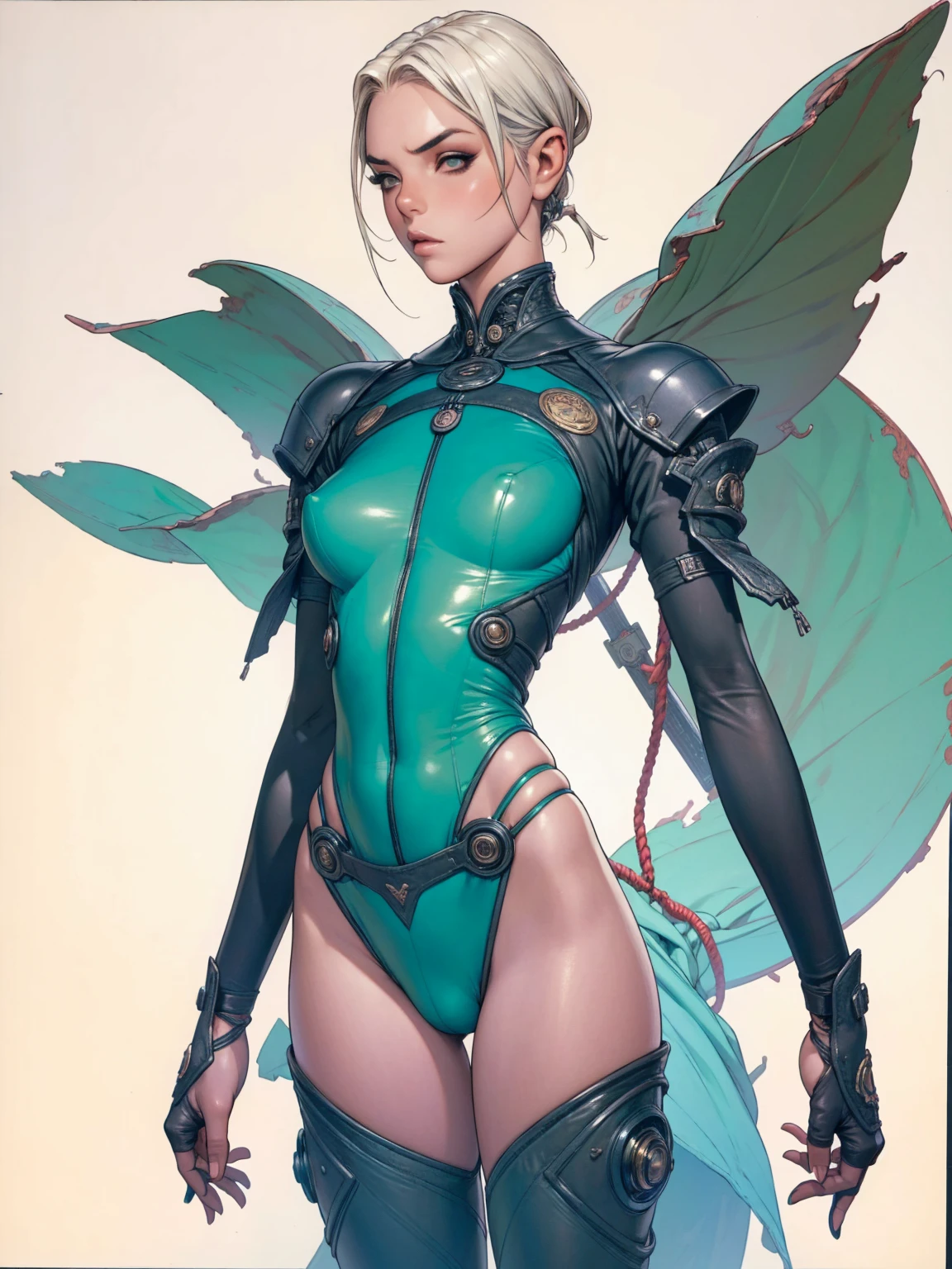 (((Annie Lennox))), ((( military suit ))), (((Bandaged body))), ((high collar)), (((dark bluish green))), (((best qualityer: 1.4))), (Unbeatable masterpiece), (hiper HD),(CG 8k hyper-realistic), (((brave face))), (((breasts big))), (((hyper feminine))), sexly girl, Tron,（black bob hair)), ((( sculptural body ))), (((1 Kizi))), Kizi cibernética de 25 anos com perfectbody,,Beautiful and well-groomed face,muscular body:1.2,solid color detailed jacket, (Head to thigh photos)， Complex equipment, green dark，Long pants，Tight clothes are dark，With white stars and off-white stripes,,,,,Armor Metal Electronic Parts, Poison tattoos ) INFO, Kizi, (((standing alone))), pirralha violent, (((14歳))), sexly, pose de atitude, work of art, post-apocalypse, (((manga style))), bounty hunter, violent, Manic, the way you want, slenderbody, thin but strong, perfectbody, roupa moderna, advanced technology, neon, sleeves with vertical striped pattern, neutral background, (( cowboy shot )). intricate visual