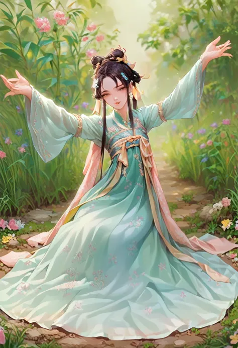 a beautifully asian female character in a flowing, elaborate hanfu. she has long, dark hair adorned with flowers and gold accent...