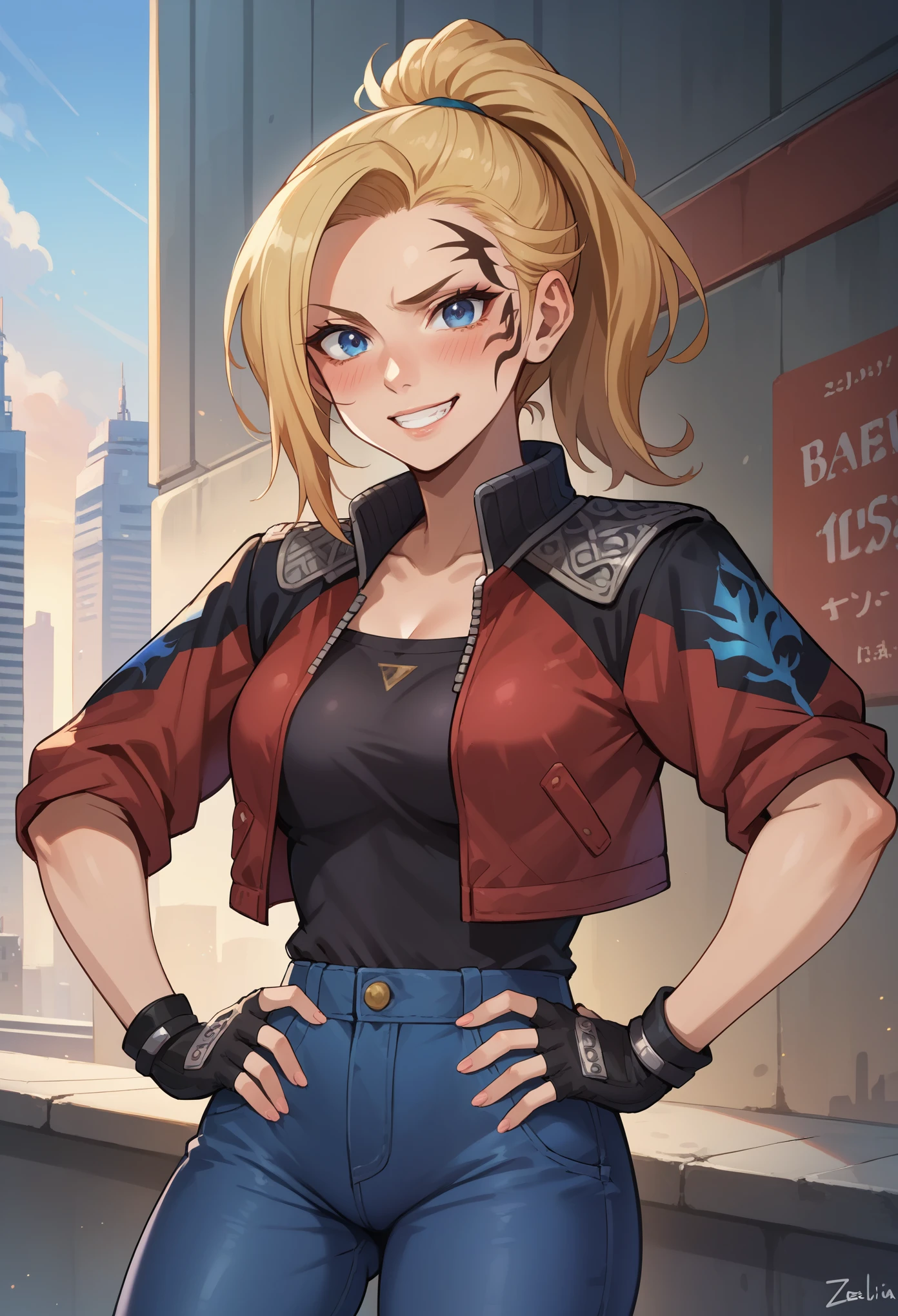 score_9, score_8_up, score_7_up, 1girl, solo, (female:1.5), female focus, female body, solo, zell, solo, blue eyes, gloves, jacket, blonde hair, long hair, medium ponytail, tattoo, gloves, facial tattoo, red jacket, black jacket, two-colours jacket, black shirt, fingerless gloves, denim, standing, blushing, grin, hands on hip,looking at you, city,