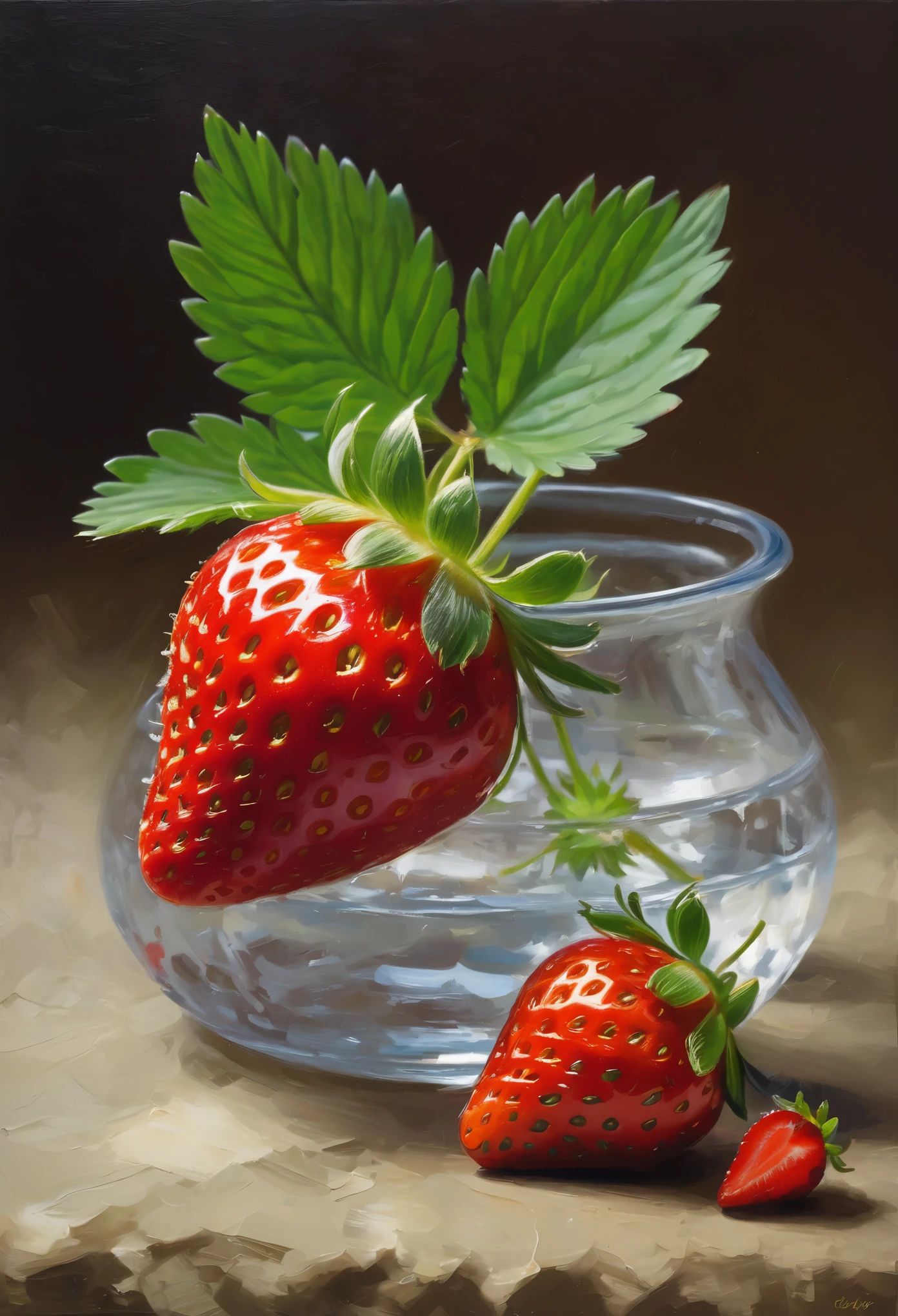 (8k, Highest quality, masterpiece)，{Realistic, RAW Photos, Super Fine Clear, Impressionist painting, (Impressionist paintingの影響を受けた,, Still life, A picture of a single strawberry:1.6)}, Simple Background, peacefulness, Solemn