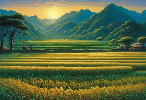 art：Aries Moros,art：Bob Byerly, Metallic rice field landscape, At dusk, アシュリーウッドartAI, Greg Rutkowski