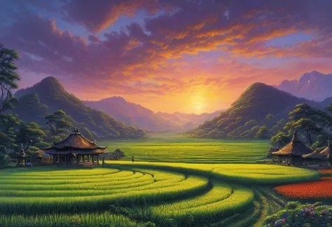 art：aries moros,art：bob byerly, metallic rice field landscape, at dusk, アシュリーウッドartai, greg rutkowski