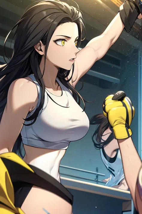 black hair,masterpiece,best quality,highres,ultra-detailed,aashizue,yellow eyes,long hair,(sports bra:1.2), boxing gloves,toned,...