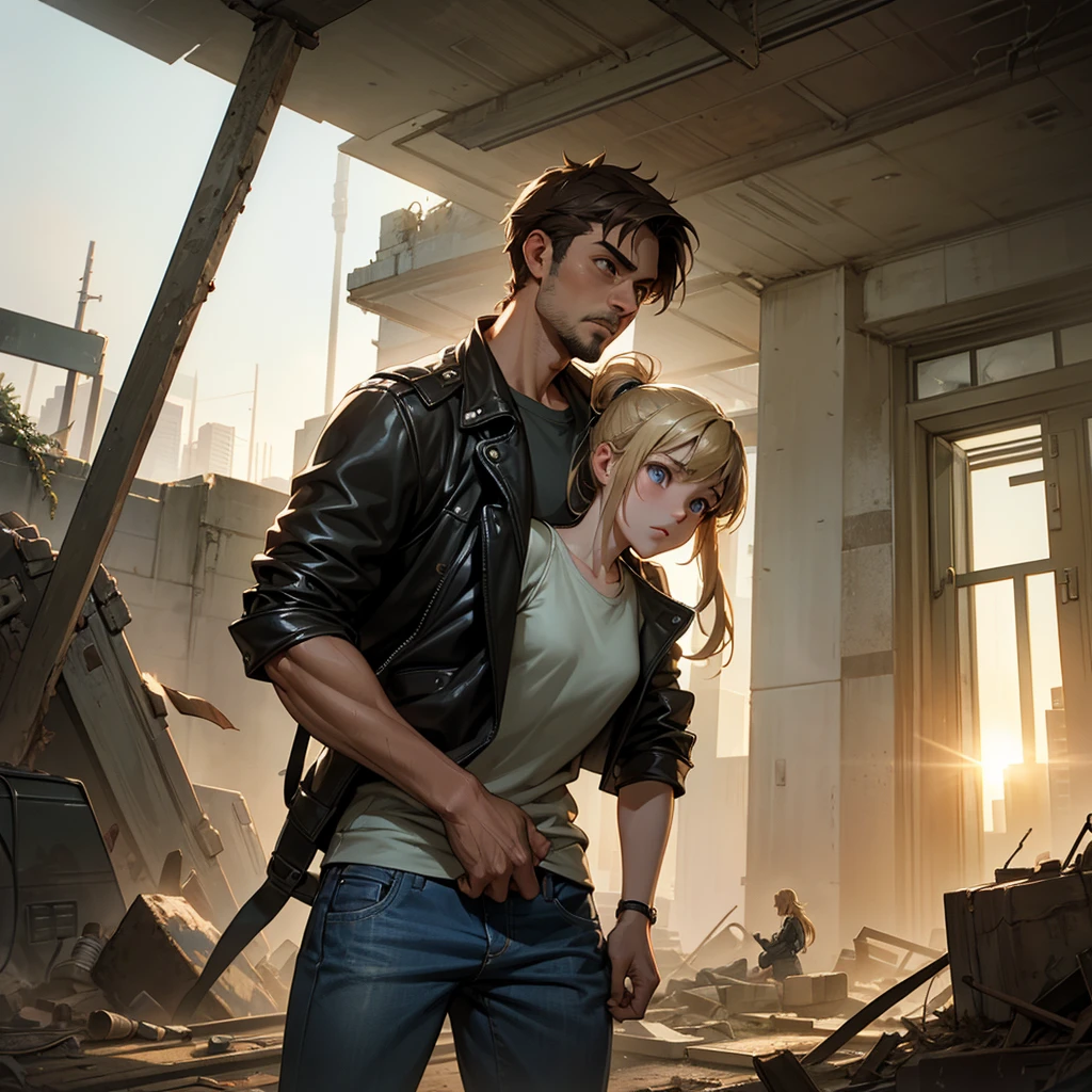 A 30-year-old man, tall and athletic, with short dark brown hair and gray eyes, wears a worn dark leather jacket, a gray shirt, and tactical pants. He stands protectively with an arm around a 14-year-old girl of slender build, with long blonde hair tied in a ponytail and large blue eyes, wearing a simple outfit of a light jacket and worn jeans. The man looks protective and determined, while the girl leans into him, showing trust and gratitude. Set in a post-apocalyptic environment with ruined buildings and small plants growing among the debris. The sky is cloudy, with sun rays breaking through, softly illuminating the scene. The atmosphere conveys protection and care, with a backpack on the ground suggesting their shared struggle. Realistic art style, with warm, earthy colors emphasizing the emotional connection. Soft, warm lighting highlights the intimate moment, with shadows adding depth to the bond between them.