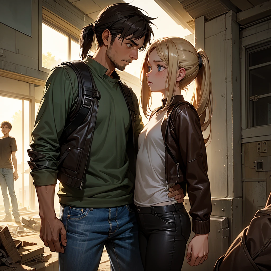 A 30-year-old man, tall and athletic, with short dark brown hair and gray eyes, wears a worn dark leather jacket, a gray shirt, and tactical pants. He stands protectively with an arm around a 14-year-old girl of slender build, with long blonde hair tied in a ponytail and large blue eyes, wearing a simple outfit of a light jacket and worn jeans. The man looks protective and determined, while the girl leans into him, showing trust and gratitude. Set in a post-apocalyptic environment with ruined buildings and small plants growing among the debris. The sky is cloudy, with sun rays breaking through, softly illuminating the scene. The atmosphere conveys protection and care, with a backpack on the ground suggesting their shared struggle. Realistic art style, with warm, earthy colors emphasizing the emotional connection. Soft, warm lighting highlights the intimate moment, with shadows adding depth to the bond between them.