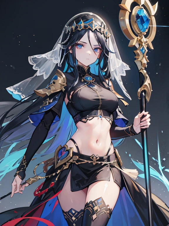 ((best quality)), ((masterpiece)), (detailed), 1girl, midriff, long black hair, blue highlights, ((face veil)), healer staff, runes on body