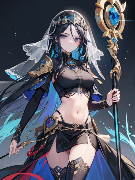 ((best quality)), ((masterpiece)), (detailed), 1girl, midriff, long black hair, blue highlights, ((face veil)), healer staff, ru...