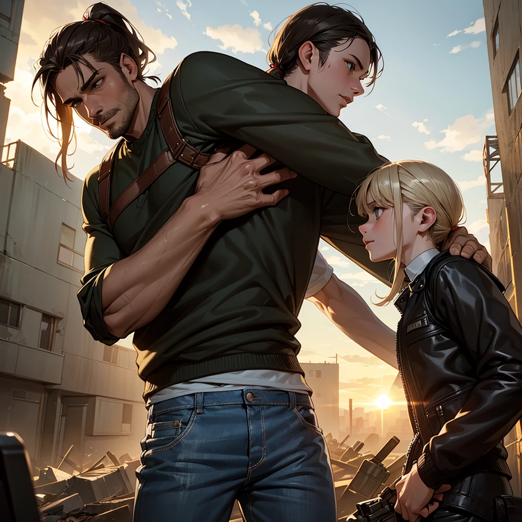 A 30-year-old man, tall and athletic, with short dark brown hair and gray eyes, wears a worn dark leather jacket, a gray shirt, and tactical pants. He stands protectively with an arm around a 14-year-old girl of slender build, with long blonde hair tied in a ponytail and large blue eyes, wearing a simple outfit of a light jacket and worn jeans. The man looks protective and determined, while the girl leans into him, showing trust and gratitude. Set in a post-apocalyptic environment with ruined buildings and small plants growing among the debris. The sky is cloudy, with sun rays breaking through, softly illuminating the scene. The atmosphere conveys protection and care, with a backpack on the ground suggesting their shared struggle. Realistic art style, with warm, earthy colors emphasizing the emotional connection. Soft, warm lighting highlights the intimate moment, with shadows adding depth to the bond between them.