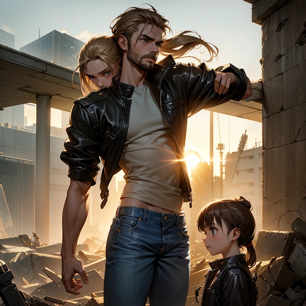 A 30-year-old man, tall and athletic, with short dark brown hair and gray eyes, wears a worn dark leather jacket, a gray shirt, and tactical pants. He stands protectively with an arm around a 14-year-old girl of slender build, with long blonde hair tied in a ponytail and large blue eyes, wearing a simple outfit of a light jacket and worn jeans. The man looks protective and determined, while the girl leans into him, showing trust and gratitude. Set in a post-apocalyptic environment with ruined buildings and small plants growing among the debris. The sky is cloudy, with sun rays breaking through, softly illuminating the scene. The atmosphere conveys protection and care, with a backpack on the ground suggesting their shared struggle. Realistic art style, with warm, earthy colors emphasizing the emotional connection. Soft, warm lighting highlights the intimate moment, with shadows adding depth to the bond between them.