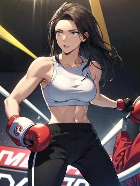 sports bra, toned,muscular,long black pants, boxing gloves, boxing stance, high quality, masterpiece