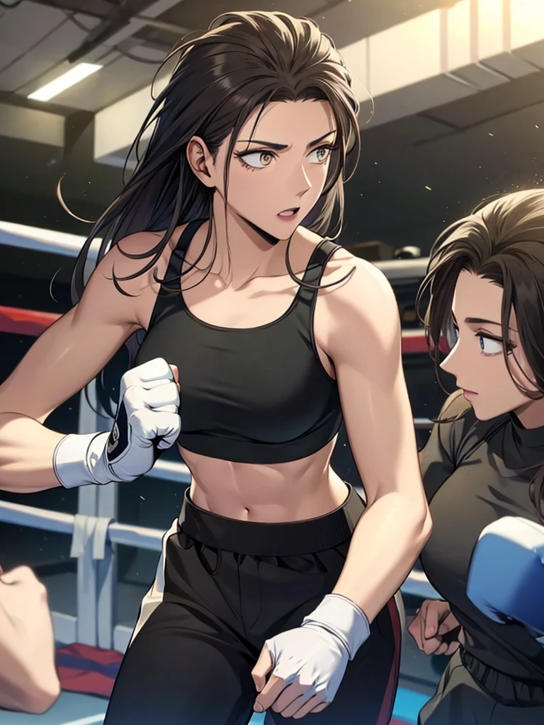  sports bra, toned,muscular,long black pants, boxing gloves, boxing stance, high quality, masterpiece