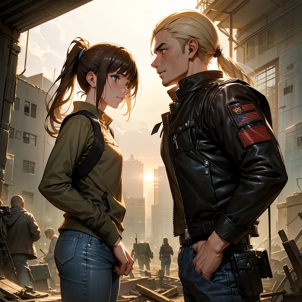 A 30-year-old man, tall and athletic, with short dark brown hair and gray eyes, wears a worn dark leather jacket, a gray shirt, and tactical pants. He stands protectively with an arm around a 14-year-old girl of slender build, with long blonde hair tied in a ponytail and large blue eyes, wearing a simple outfit of a light jacket and worn jeans. The man looks protective and determined, while the girl leans into him, showing trust and gratitude. Set in a post-apocalyptic environment with ruined buildings and small plants growing among the debris. The sky is cloudy, with sun rays breaking through, softly illuminating the scene. The atmosphere conveys protection and care, with a backpack on the ground suggesting their shared struggle. Realistic art style, with warm, earthy colors emphasizing the emotional connection. Soft, warm lighting highlights the intimate moment, with shadows adding depth to the bond between them.