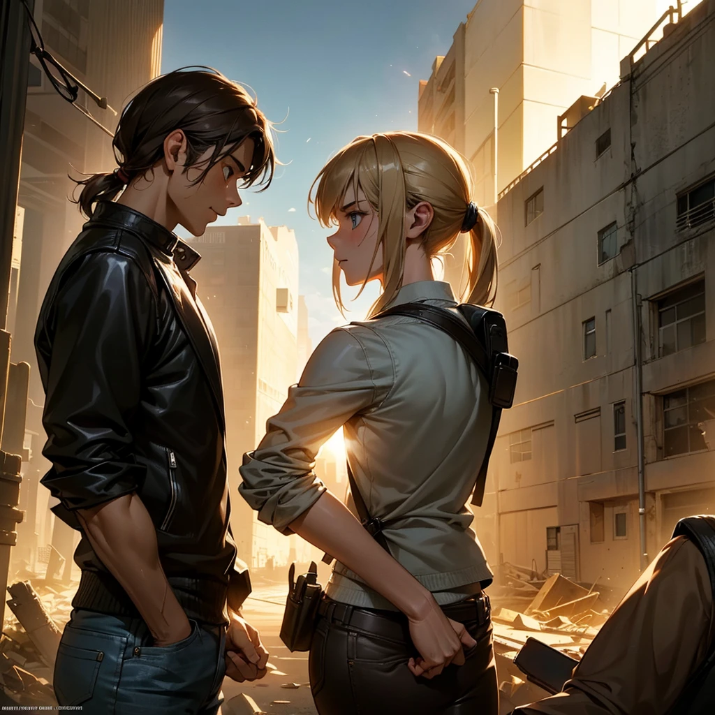 A 30-year-old man, tall and athletic, with short dark brown hair and gray eyes, wears a worn dark leather jacket, a gray shirt, and tactical pants. He stands protectively with an arm around a 14-year-old girl of slender build, with long blonde hair tied in a ponytail and large blue eyes, wearing a simple outfit of a light jacket and worn jeans. The man looks protective and determined, while the girl leans into him, showing trust and gratitude. Set in a post-apocalyptic environment with ruined buildings and small plants growing among the debris. The sky is cloudy, with sun rays breaking through, softly illuminating the scene. The atmosphere conveys protection and care, with a backpack on the ground suggesting their shared struggle. Realistic art style, with warm, earthy colors emphasizing the emotional connection. Soft, warm lighting highlights the intimate moment, with shadows adding depth to the bond between them.