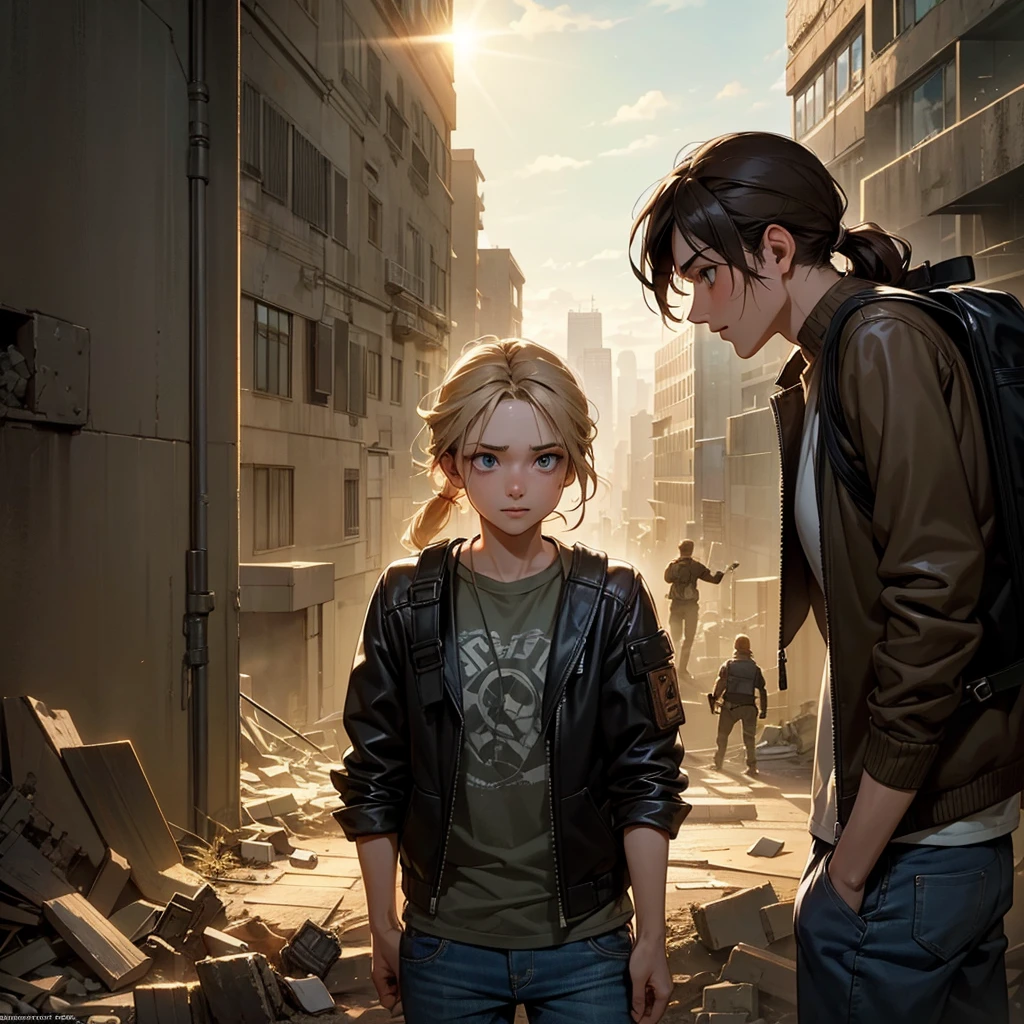 A 30-year-old man, tall and athletic, with short dark brown hair and gray eyes, wears a worn dark leather jacket, a gray shirt, and tactical pants. He stands protectively with an arm around a 14-year-old girl of slender build, with long blonde hair tied in a ponytail and large blue eyes, wearing a simple outfit of a light jacket and worn jeans. The man looks protective and determined, while the girl leans into him, showing trust and gratitude. Set in a post-apocalyptic environment with ruined buildings and small plants growing among the debris. The sky is cloudy, with sun rays breaking through, softly illuminating the scene. The atmosphere conveys protection and care, with a backpack on the ground suggesting their shared struggle. Realistic art style, with warm, earthy colors emphasizing the emotional connection. Soft, warm lighting highlights the intimate moment, with shadows adding depth to the bond between them.