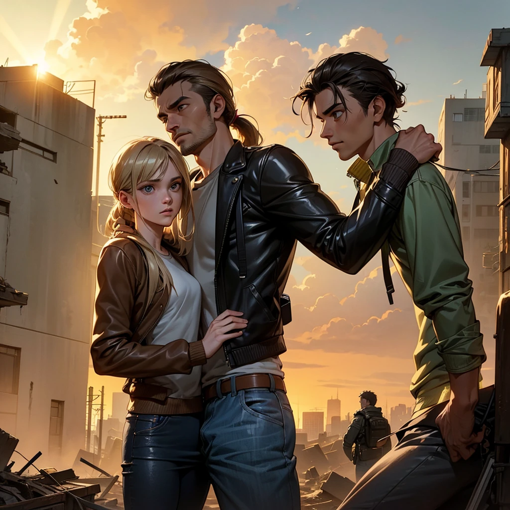 A 30-year-old man, tall and athletic, with short dark brown hair and gray eyes, wears a worn dark leather jacket, a gray shirt, and tactical pants. He stands protectively with an arm around a 14-year-old girl of slender build, with long blonde hair tied in a ponytail and large blue eyes, wearing a simple outfit of a light jacket and worn jeans. The man looks protective and determined, while the girl leans into him, showing trust and gratitude. Set in a post-apocalyptic environment with ruined buildings and small plants growing among the debris. The sky is cloudy, with sun rays breaking through, softly illuminating the scene. The atmosphere conveys protection and care, with a backpack on the ground suggesting their shared struggle. Realistic art style, with warm, earthy colors emphasizing the emotional connection. Soft, warm lighting highlights the intimate moment, with shadows adding depth to the bond between them.