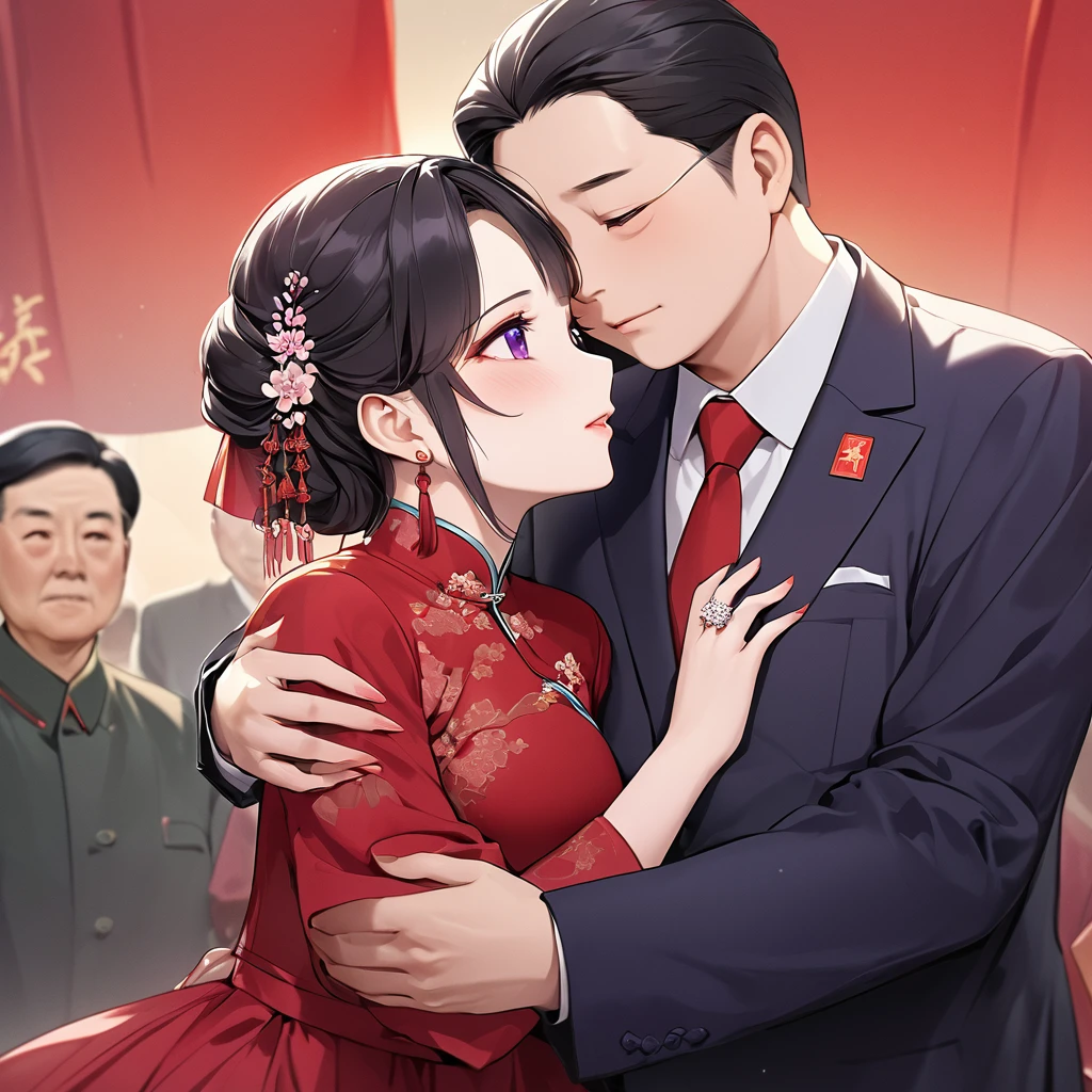 ((Highest quality)), ((masterpiece)), (detailed), （Perfect Face）、The woman is a Chinese woman named Kocho Shinobu.。, Purple gradient bob black hair and formal evening hairstyles. She is wearing an engagement ring. She is a prominent member of the Chinese Communist Party.、She is the wife of a great old Communist Party official.、The woman is wearing a gorgeous red wedding dress that is typical of the Chinese Communist Party.、She is seen hugging and kissing a dignified elderly Communist Party official in a loving wedding ceremony.。