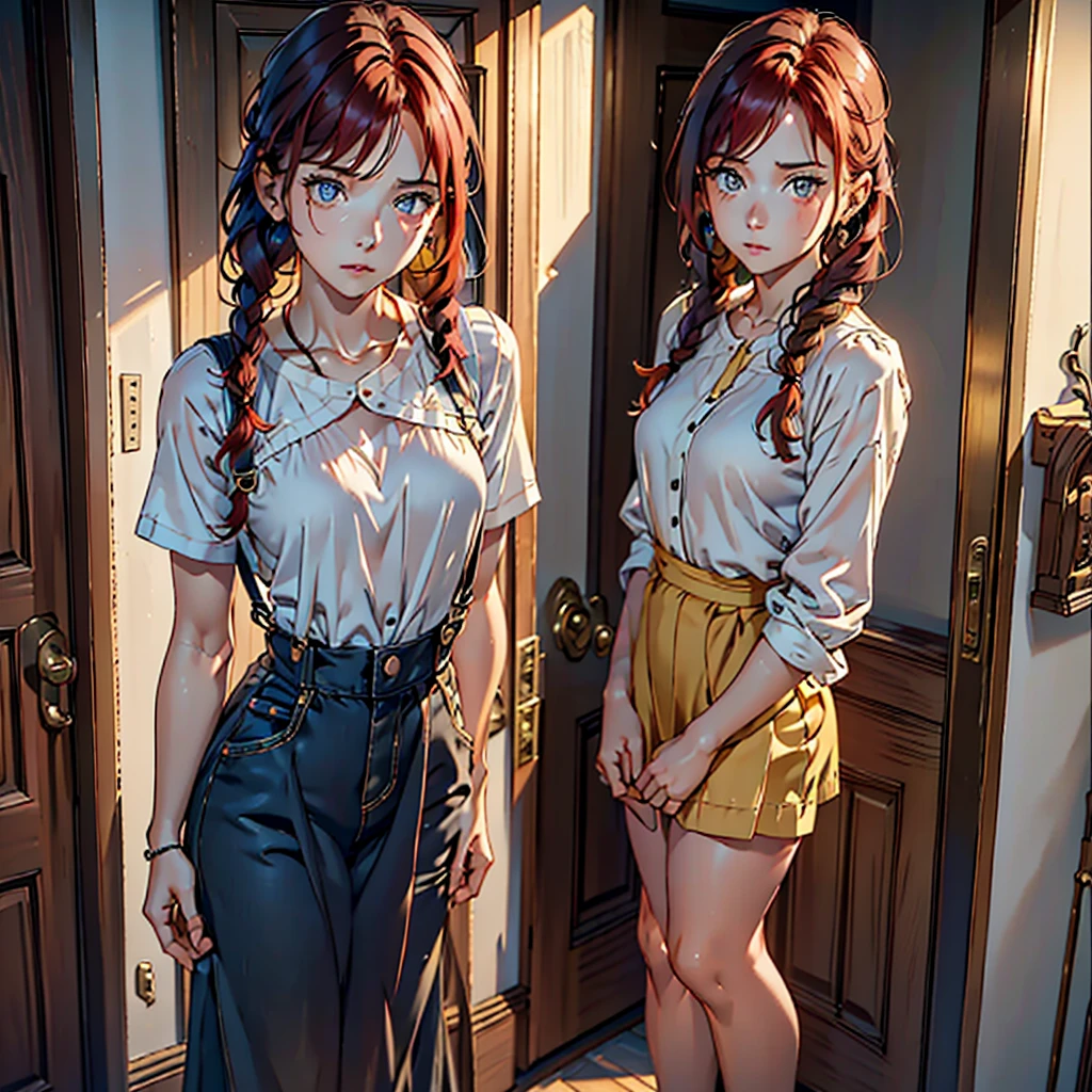 A woman, 20 years, by the wide, (redhead), honey yellow eyes, small braids in her hair, chest a little big, beautiful body, fearful eyes, shy facial and body expressions, full body, black overalls skirt with white blouse, standing at the entrance of a house in front of the door.