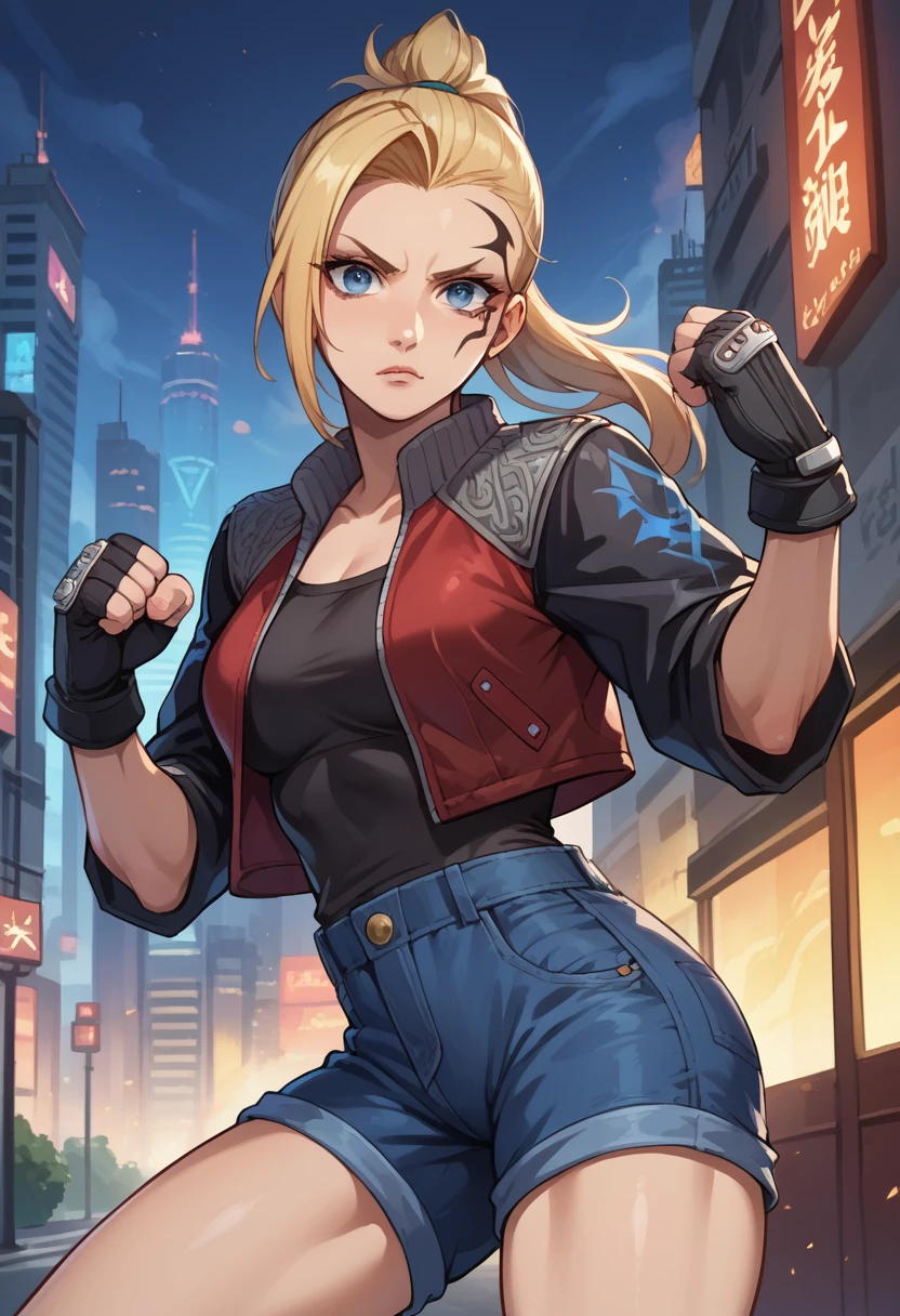 score_9, score_8_up, score_7_up, 1girl, solo, (female:1.5), female focus, female body, solo, zell, solo, blue eyes, gloves, jacket, blonde hair, long hair, medium ponytail, tattoo, gloves, facial tattoo, red jacket, black jacket, two-colours jacket, black shirt, fingerless gloves, shorts denim, standing, fighting pose, looking at you, city,