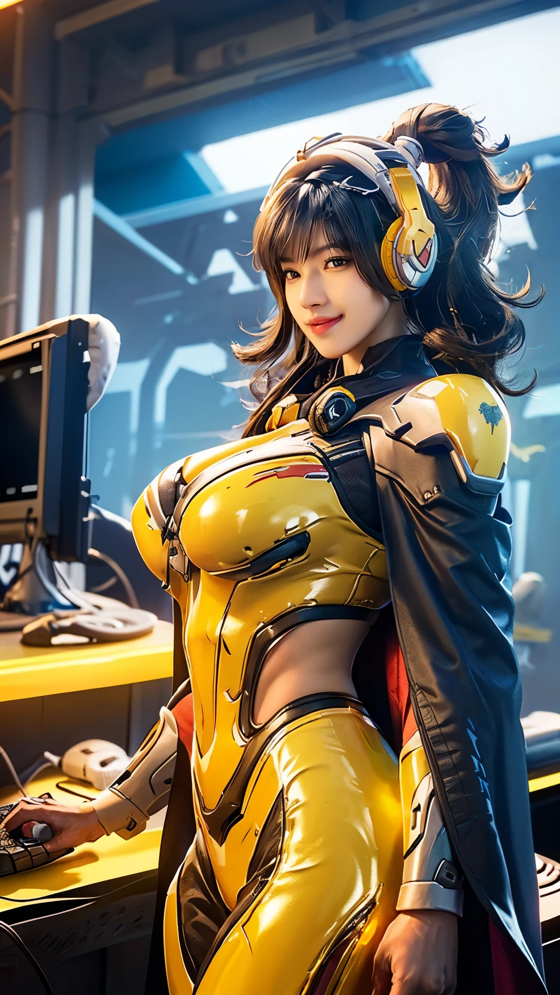 vonnyfelicia, CLOSE UP UPPER BODY,solo, COWBOY SHOT, ((E-SPORT HEADPHONE, WAVY BLODE HAIR:1.4)), (GIGANTIC FAKE BREASTS,11 LINE ABS:1.5), (TIGHT YELLOW FUTURISTIC MECHA BODYSUIT OVERWATCH, ROYAL LONG CAPE:1.5), (MUSCULAR BODY SHAPE:1.5), (CLEAN GLOSSY BODYSKIN:1.5), (LOOKING AT VIEWER:1.6), (BACKGROUND FUTURISTIC SPACE STATION:1), (Photorealsitic:1.5), (Ultra-detail), (TOP-QUALITY), (BEST SHADOWS), BRIGHT LIGHT IN ROOM, HYPER TEXTURE, (4X MSAA), ((UNREAL ENGINE 5 RENDER)), (NEON), PHYSICALLY-BASED RENDERING, ULTRA HIGHT DEFINITION, 16K, 1080P.