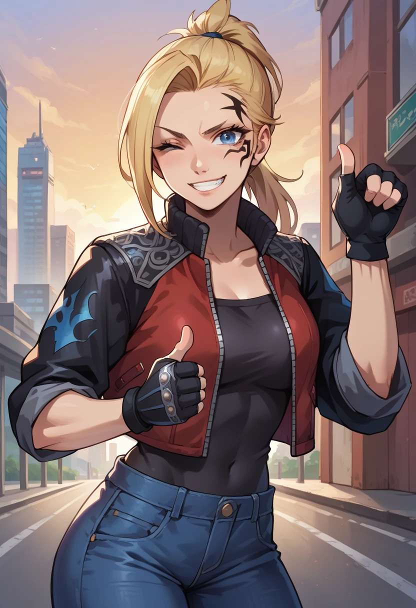 score_9, score_8_up, score_7_up, 1girl, solo, (female:1.5), female focus, female body, solo, zell, solo, blue eyes, gloves, jacket, blonde hair, long hair, medium ponytail, tattoo, gloves, facial tattoo, red jacket, black jacket, two-colours jacket, black shirt, fingerless gloves, denim, standing, grin, winking, single thumbs up, looking at you, city,