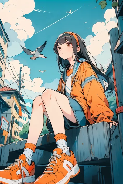 one girl,orange shoes,alone,sitting,null,cloud,outdoor,black hair,bird,upward view,blue null,white socks,daytime,orange jacket,b...