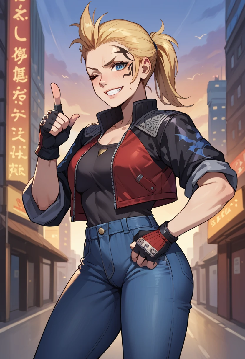 score_9, score_8_up, score_7_up, 1girl, solo, (female:1.5), female focus, female body, solo, zell, solo, blue eyes, gloves, jacket, blonde hair, long hair, medium ponytail, tattoo, gloves, facial tattoo, red jacket, black jacket, two-colours jacket, black shirt, fingerless gloves, denim, standing, grin, winking, single thumbs up, looking at you, city,