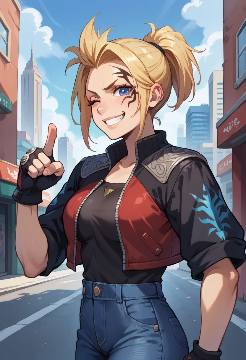 score_9, score_8_up, score_7_up, 1girl, solo, (female:1.5), female focus, female body, solo, zell, solo, blue eyes, gloves, jacket, blonde hair, long hair, medium ponytail, tattoo, gloves, facial tattoo, red jacket, black jacket, two-colours jacket, black shirt, fingerless gloves, denim, standing, grin, winking, single thumbs up, looking at you, city,