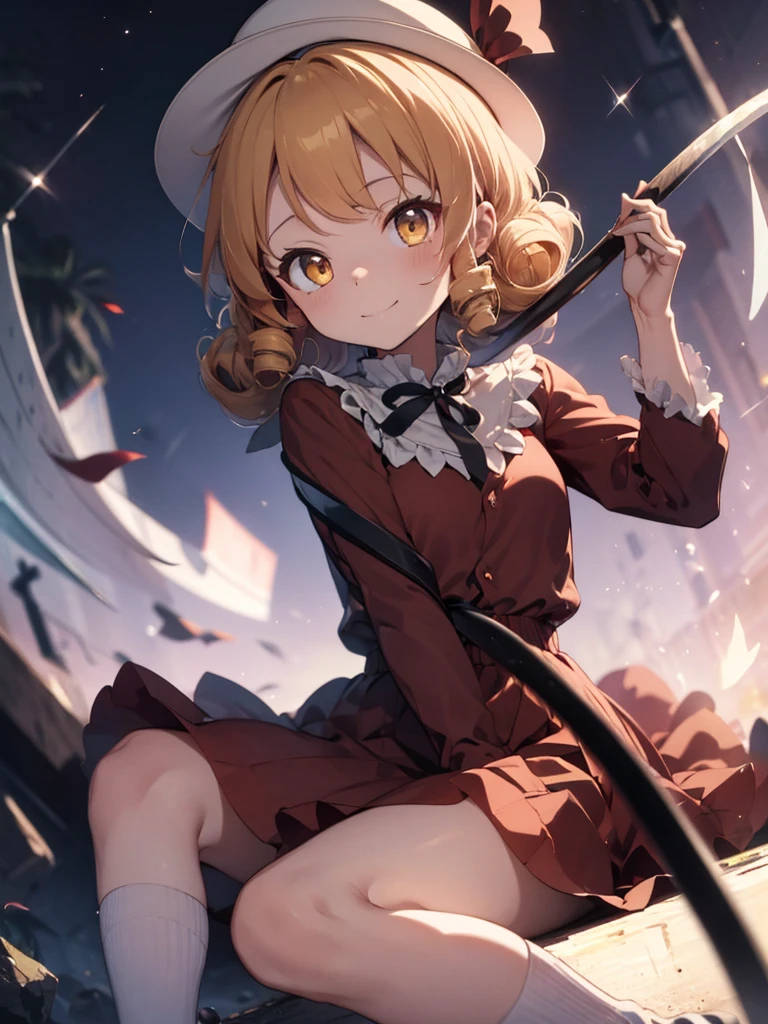 a drawing of an anime character in a red dress and boots with a large scythe, ((high end)), (UHD picture), (best quality,4k,8k,highres,masterpiece:1.2), top-quality(​masterpiece), top-quality, ultra-detailed, highly detailed texture, intricate details, high quality textures, masterpiece, best quality, perfect quality, perfect anatomy, perfect body, perfect symmetrical face, perfect hands, perfect feet, (two arms:1.2), (two legs:1.2), (five fingers each:1.2), (perfect joint:1.2), perfect joint movement, precise fingers and hands, 1 beautiful girl, 1 girl, alone, solo, , 10 years old, (((loli))), ((childish)), hat, white hat, blonde hair, long hair, parted bangs, drill hair, well-formed face, yellow eyes, maxi dress, red dress, dress, long sleeves, frills, long skirt, simple background, scythe, holding scythe, holding, white socks, smile, cute face, beautiful, holding scythe