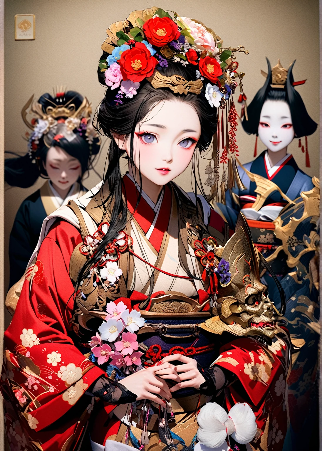 A 12-year-old princess wearing a red kimono and a flower crown, Traditional Japanese, traditional geisha clothing, Japanese women, Wearing Imperial Kimono, japanese geisha, geisha photo portrait, female geisha girl, elegant Japanese women, Japanese Kimono, In kimono, Traditional beauty, Wearing kimono and armor, portrait of geisha, wearing a haori, geisha　She gets an old man&#39;s dick shoved in her pussy