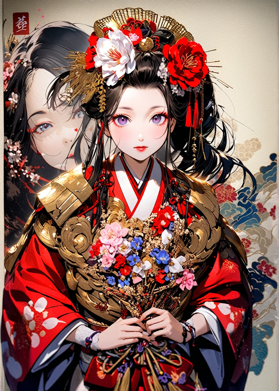 A 12-year-old princess wearing a red kimono and a flower crown, Traditional Japanese, traditional geisha clothing, Japanese women, Wearing Imperial Kimono, japanese geisha, geisha photo portrait, female geisha girl, elegant Japanese women, Japanese Kimono, In kimono, Traditional beauty, Wearing kimono and armor, portrait of geisha, wearing a haori, geisha　She gets an old man&#39;s dick shoved in her pussy